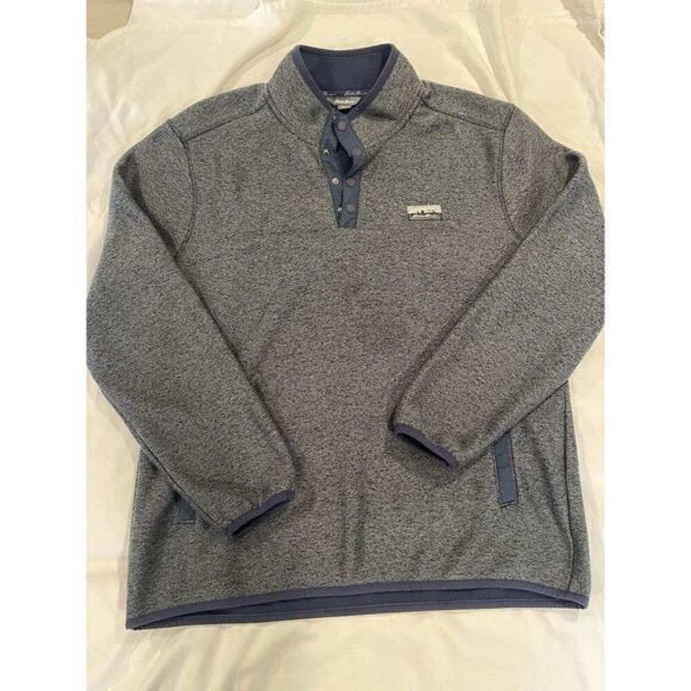 EDDIE BAUER Men's Knit Fleece Sweater 1/4 Button Muff Pocket Gray Navy Sz M